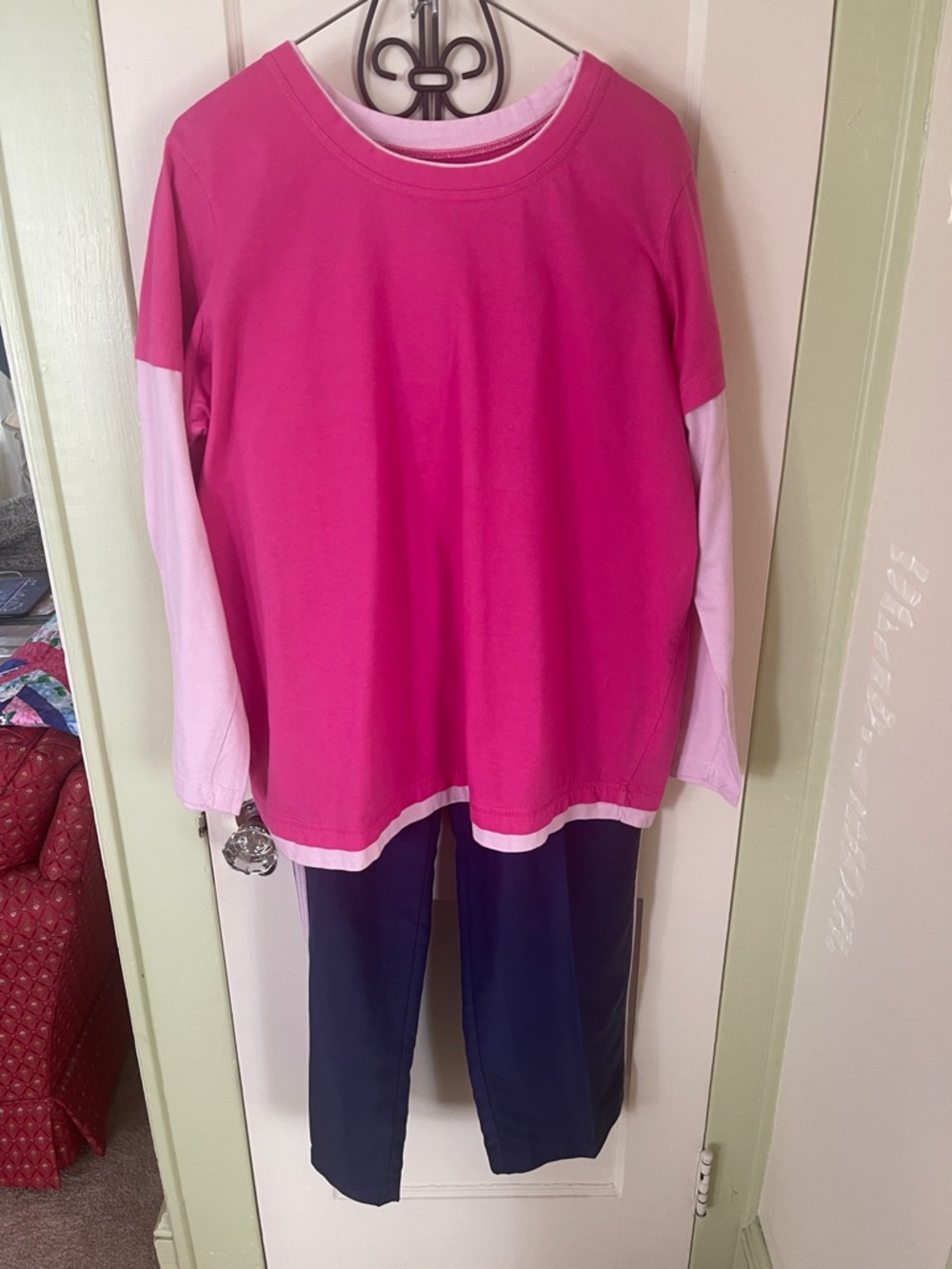 Casual Two-Tone Pink Layered-Look Top With Pants